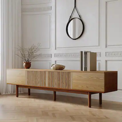 Front. luck idea - 86.6" Solid Wood TV Stand, Media Console with Storage Space - Natural Color.