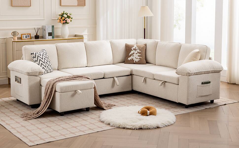 Alt View 6. KERDOM - 4-7 Seat Oversized Pullout Sofa Couch with Storage Ottoman, Side Pocket, Washable Covers, Sectional Sleeper Sofa Bed - 7 Seat.