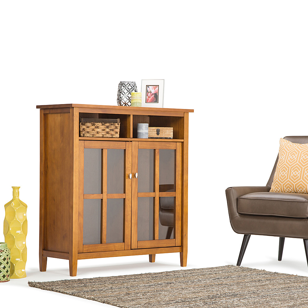 Left View: Simpli Home - Warm Shaker Wood 2-Door 6-Shelf Media Cabinet - Honey Brown