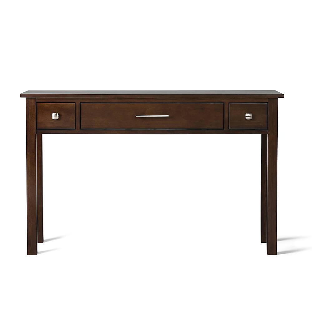 Angle. Simpli Home - Avalon Rectangular Pine Wood 3-Drawer Table - Rich Tobacco Brown.