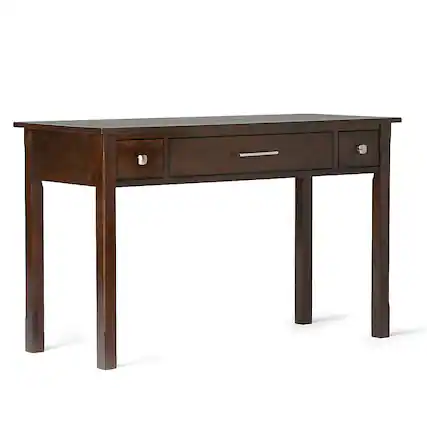 Front. Simpli Home - Avalon Rectangular Pine Wood 3-Drawer Table - Rich Tobacco Brown.