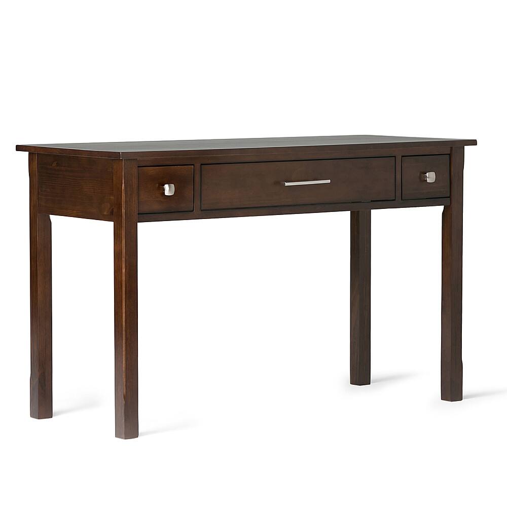 Front. Simpli Home - Avalon Rectangular Pine Wood 3-Drawer Table - Rich Tobacco Brown.
