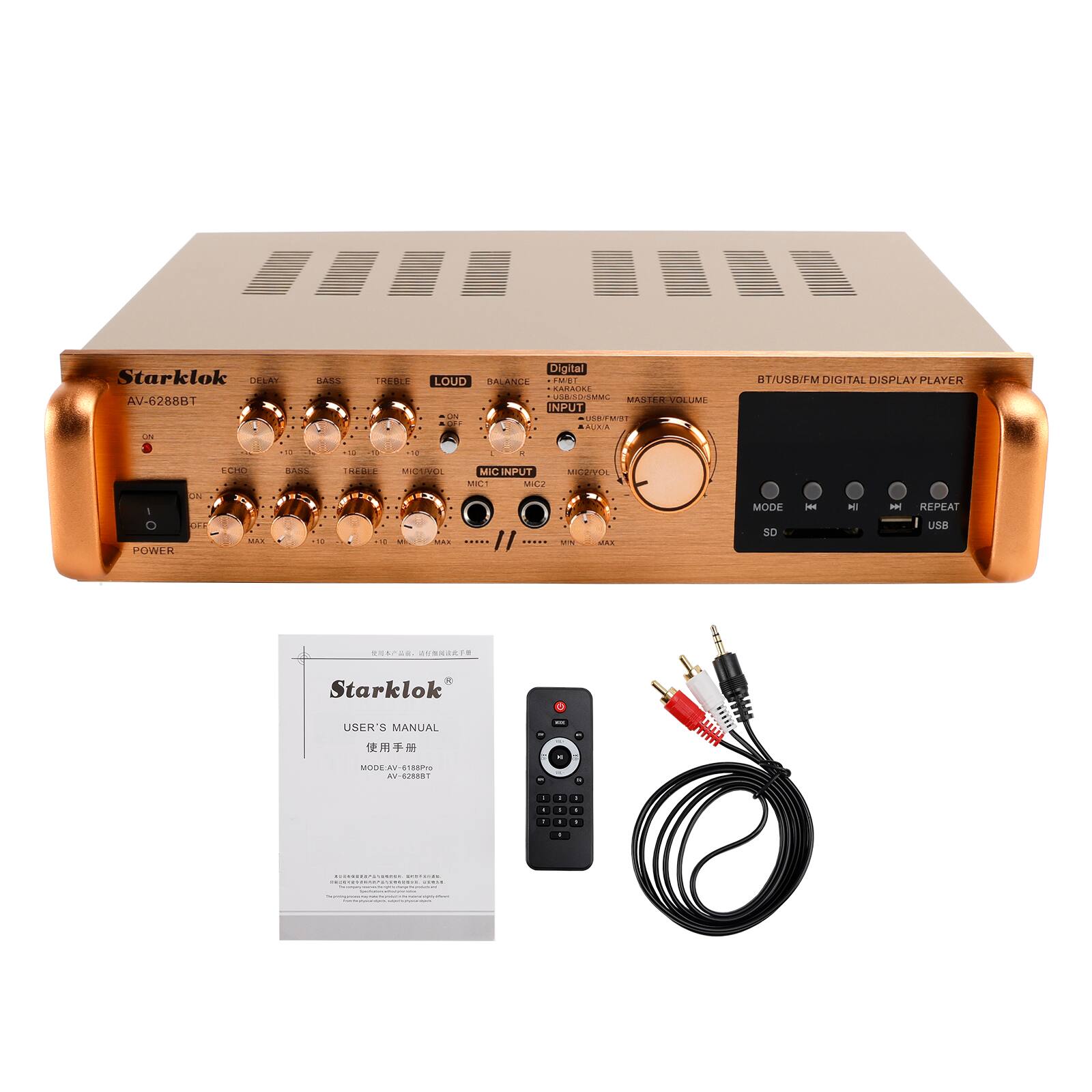 Starklok AV-6288BT - Digital BT/USB/FM DIGITAL DISPLAY PLAYER

- DELAY
- BASS
- TREBLE
- LOUD
- BALANCE
- ECHO
- BASS
- TREBLE
- MIC VOL
- MIC1
- MIC2
- MASTER VOLUME
- MIC INPUT
- POWER

- MODE
- HI
- LO
- REPEAT
- SD
- USB

Starklok USER'S MANUAL

MODEL: AV-6288BT