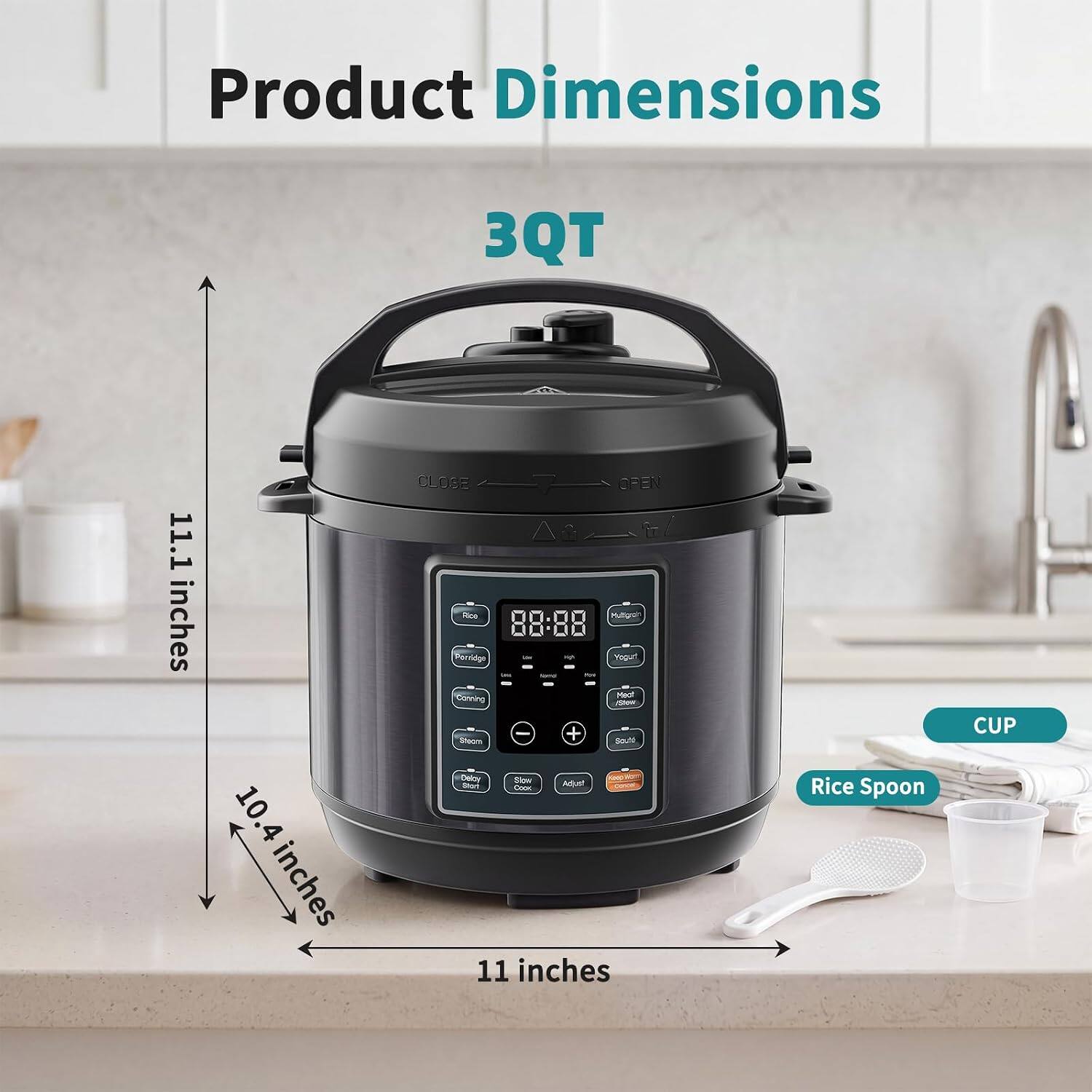 Product Dimensions: 3QT, 11.1 inches, 10.4 inches, 10.4 inches, 11 inches, Rice Spoon, CUP