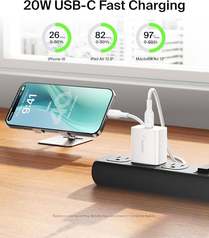 20W USB-C Fast Charging

- iPhone 16: 26 mins 0-50%
- iPad Air 12.9": 82 mins 0-50%
- Macbook Air 13": 97 mins 0-50%

Based on internal testing. Results may vary based on numerous factors.