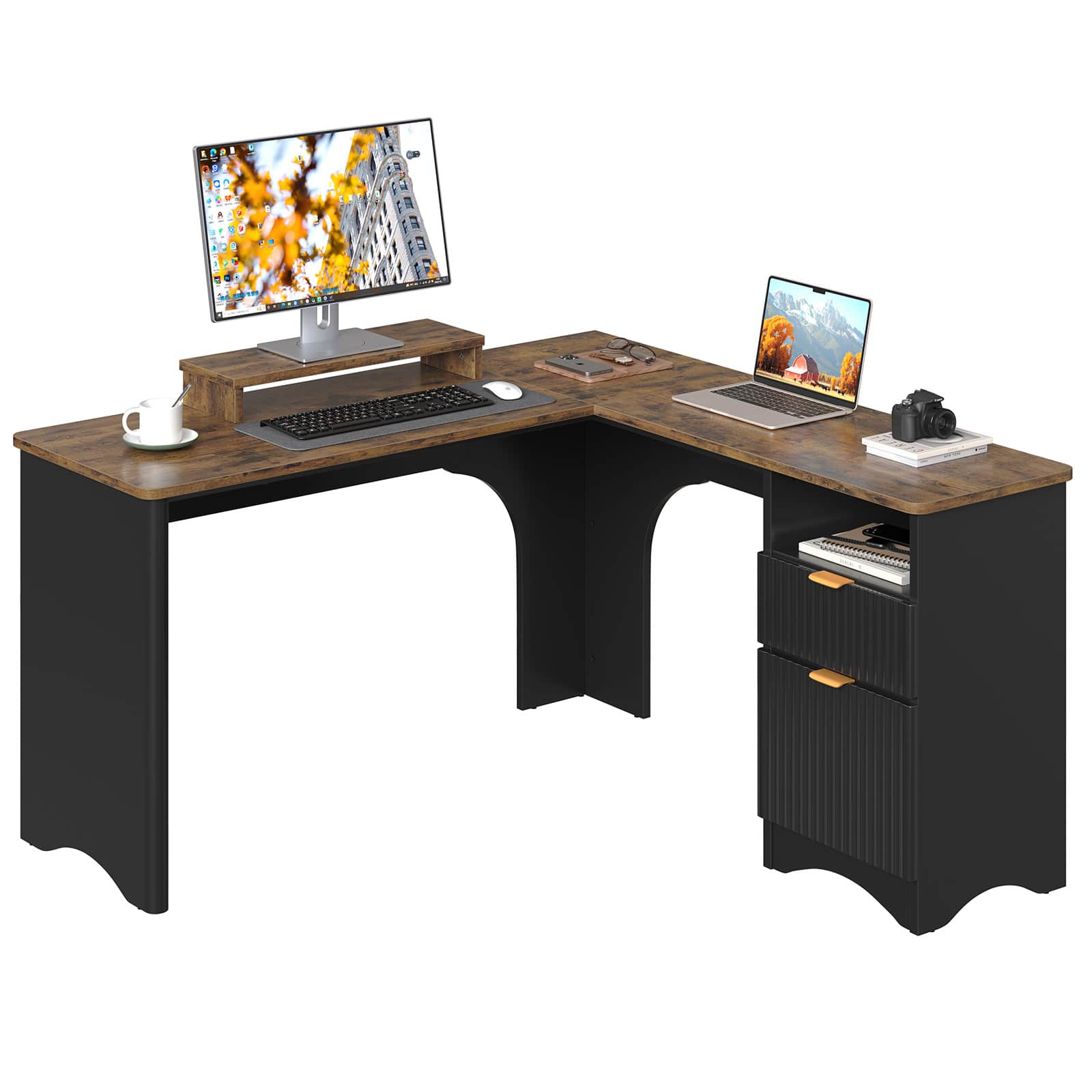 Left. Bestier - 55inch L-Shaped Computer Desk with File Drawer Monitor Stand and Fluted Panels Office Desk - Rustic Brown.