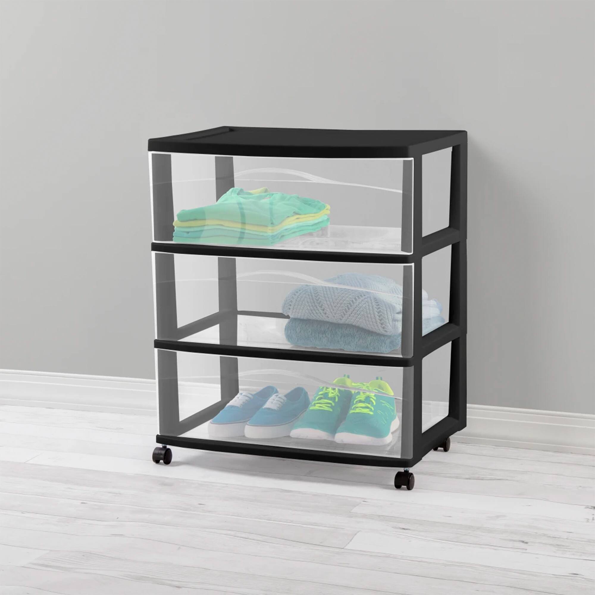 Alt View 2. Sterilite - Sterilite Wide 3 Drawer Storage Cart, Plastic Rolling Organizer, Black Frame.