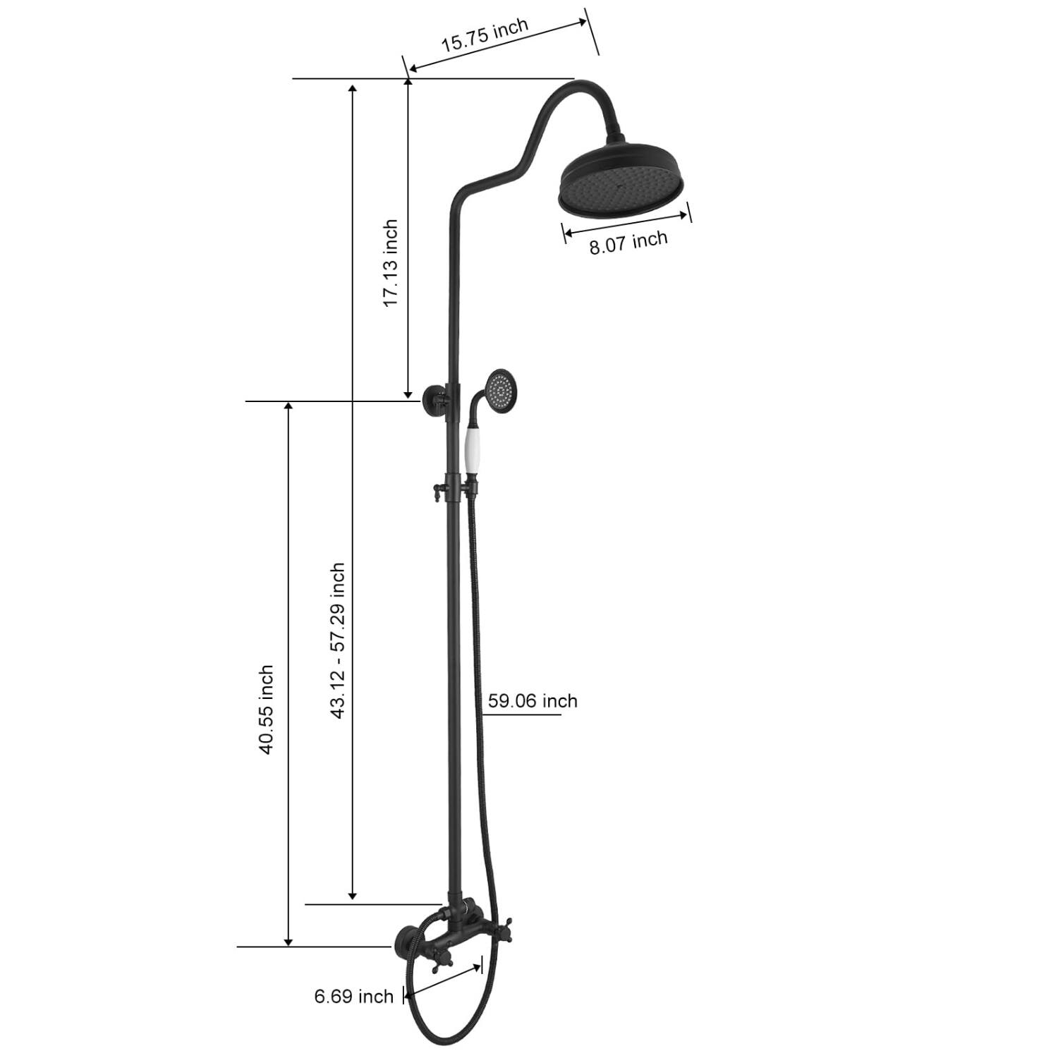 15.75 inch  
17.13 inch  
8.07 inch  
40.55 inch  
57.29 inch  
12 inch  
12 inch  
43.59 inch  
59.06 inch  
6.69 inch