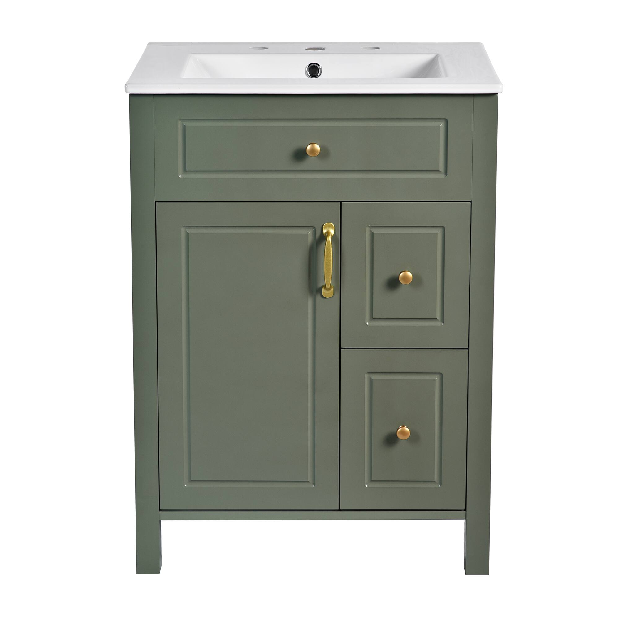 Back. Whisen - 24" Bathroom Vanity with Ceramic Sink, 1 Soft Close Door, 2 Soft Close Drawers, and Double Storage Racks - Green.