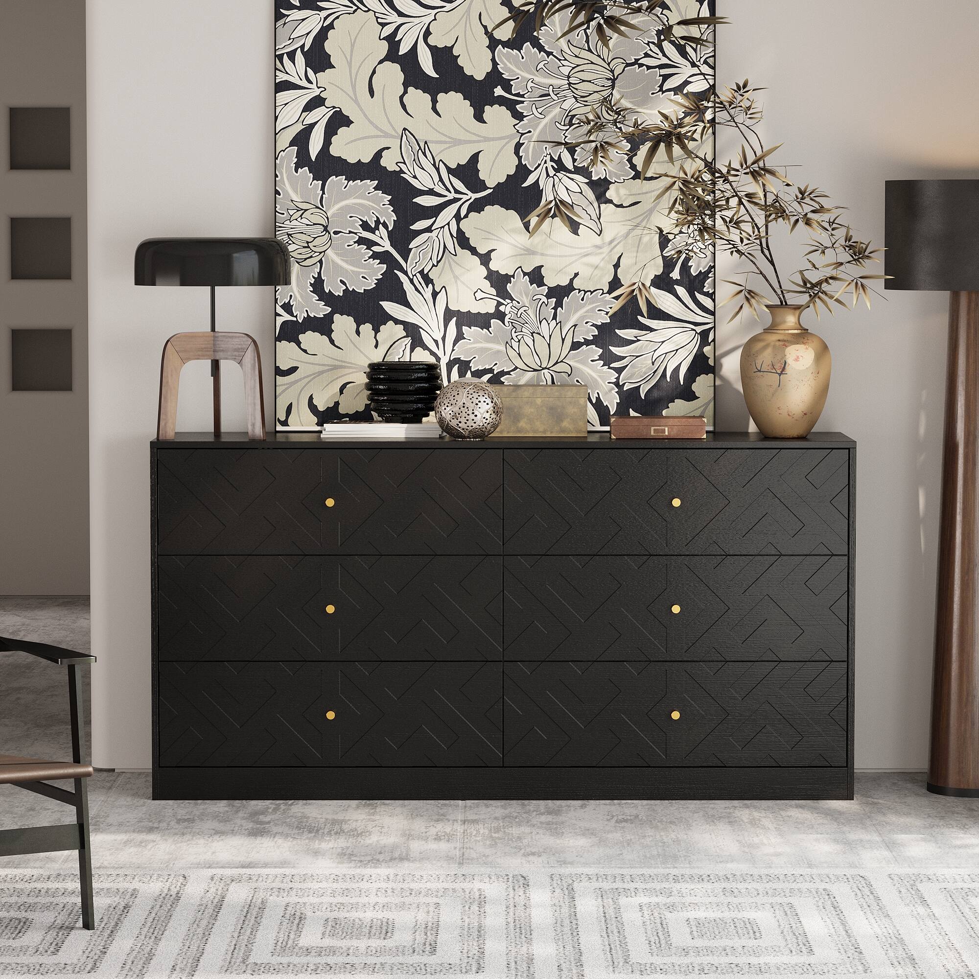 Alt View 4. Famapy - Famapy Textured 6 - Drawer Dresser: Wood - Grain Finish with Embossed Patterns - Black.