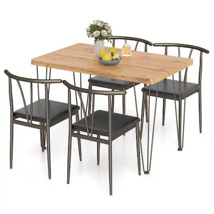 Front. Costway - Costway Rectangular Kitchen Table & 4 Armless Chairs with Upholstered Seat, Spindle Back - Rustic Oak,Black.