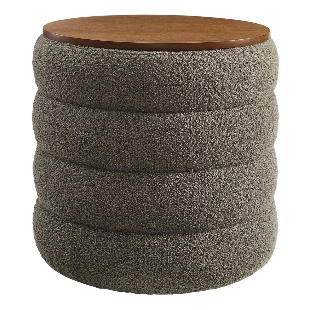 Front. Outdoor Escape - Round Boucle Fabric Storage Ottoman in Neutral Color for Indoor or Outdoor Use - Gray.
