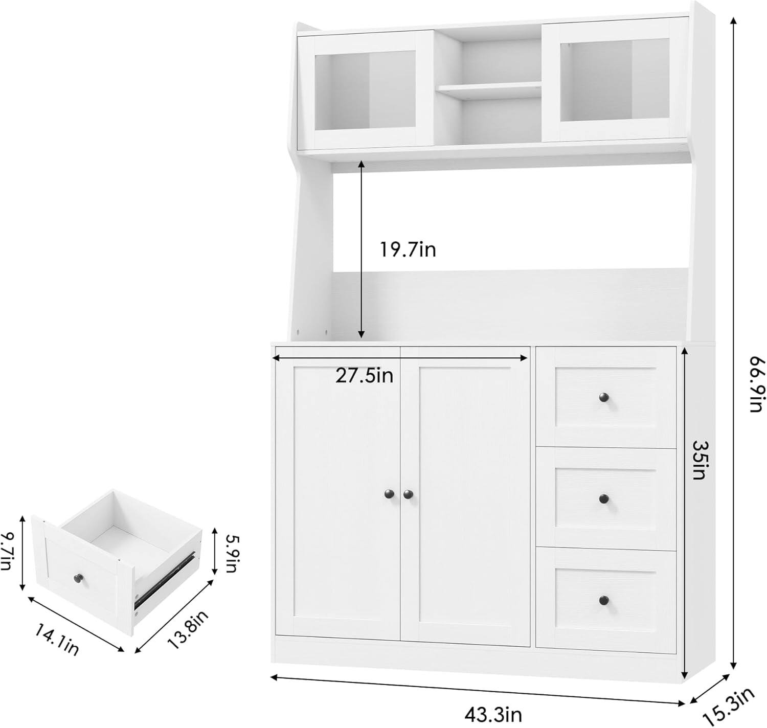 Sure, here is the corrected and grouped text from the image:

- Width: 43.3in
- Height: 66.9in
- Depth: 15.3in
- Top shelf height: 19.7in
- Cabinet width: 27.5in
- Drawer dimensions:
  - Width: 14.1in
  - Depth: 13.8in
  - Height: 5.9in
- Shelf height: 35in