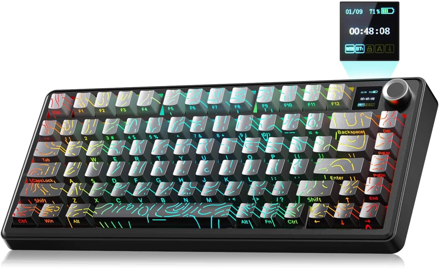 AULA - F75 Max, 81-Key, Wireless, Hot Swappable, Mechanical Gaming Keyboard, RGB, Knob, Digital Screen - Gradient Grey Topographic Side-Engraved Keycaps