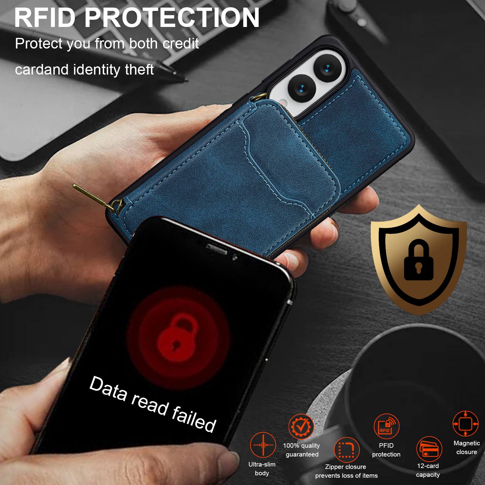RFID PROTECTION  
Protect you from both credit card and identity theft  

Data read failed  

100% quality guaranteed protection  
Ultra-slim closure  
Zipper body prevents loss of items  
Magnetic closure  
12-card capacity  

RFID PROTECTION  
Protect you from both credit card and identity theft