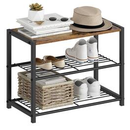 Hivvago - 2-Shelf Entryway Shoe Rack Bench with Black Metal Frame and Brown Wood Top - Rustic Brown