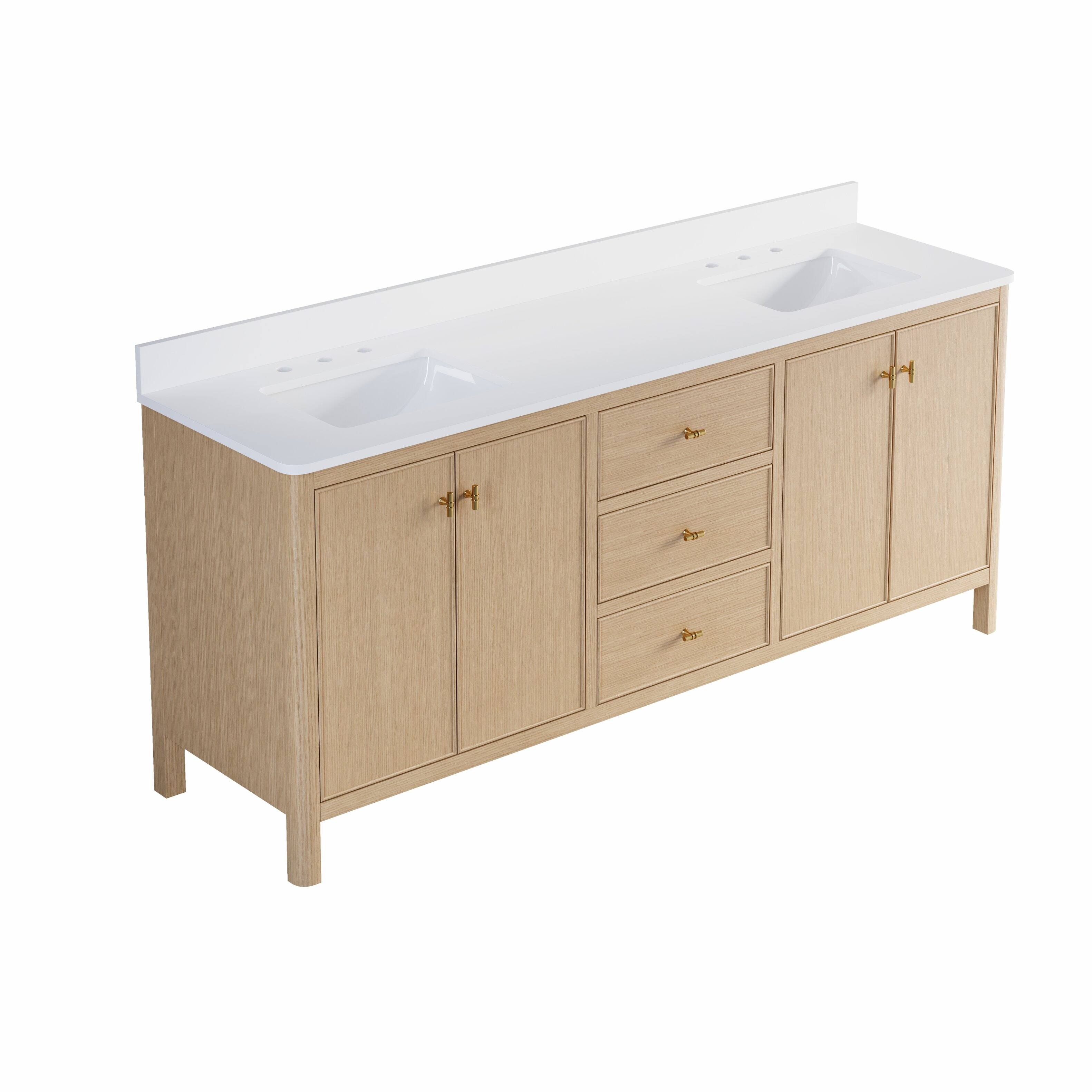 Alt View 8. WELLFOR - LORIN 80 in. Solid Wood Bath Vanity with Quartz Top, Double Sink, Soft Close, Assembled - OAK.