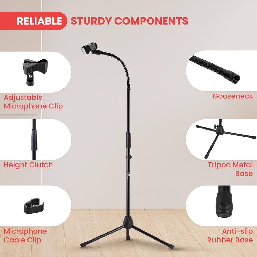 RELIABLE STURDY COMPONENTS

- Adjustable Microphone Clip
- Height Clutch
- Gooseneck
- Tripod Metal Base
- Microphone Cable Clip
- Anti-slip Rubber Base