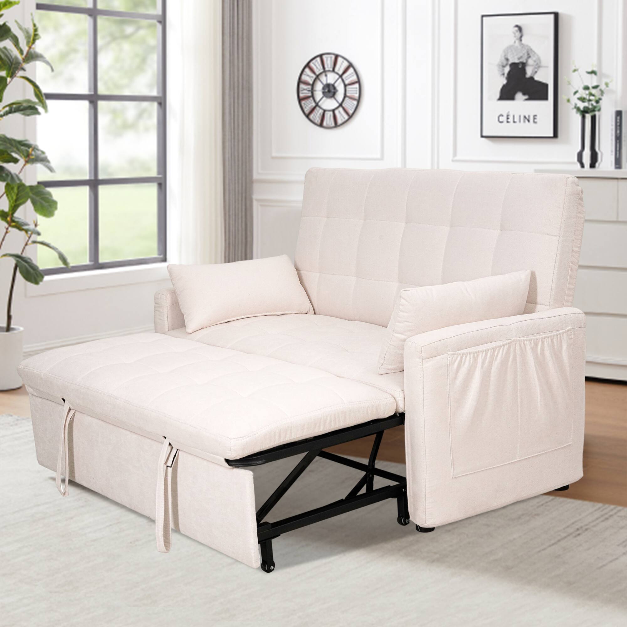 Angle. GOODSILO - Extra-Large 61-Inch Convertible Fabric Sofa Bed With Storage, Adjustable Backrest, And Reinforced Frame - Beige.