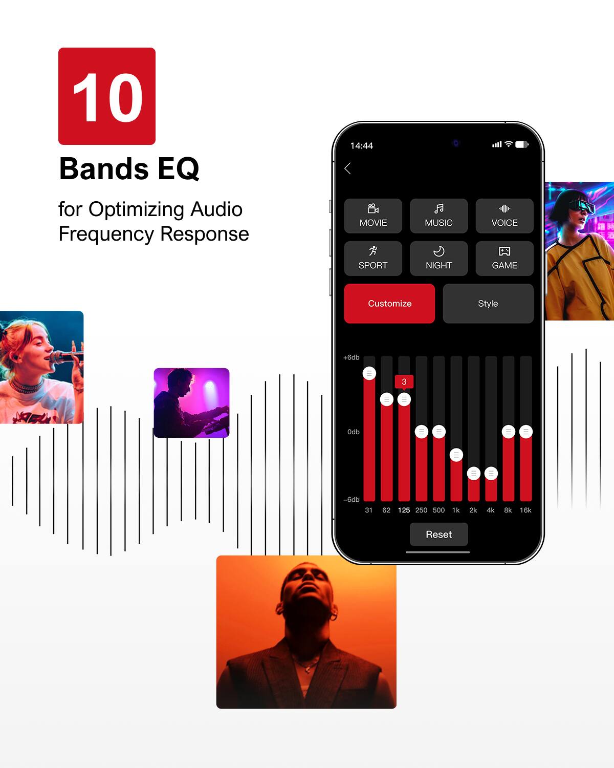 10 Bands EQ for Optimizing Audio Frequency Response, 14:44, MOVIE, MUSIC, VOICE, SPORT, NIGHT, GAME, Customize, Style, +6db, 3, 0db, -6db, 31, 62, 125, 250, 500, 1k, 2k, 4k, 16k, Reset