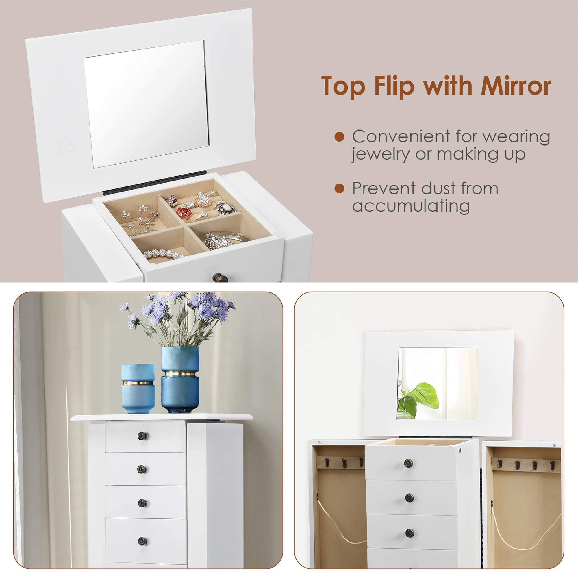 Top Flip with Mirror: Convenient for wearing jewelry or making up, and prevents dust from accumulating.