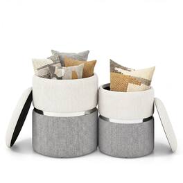 Costway - Linen Fabric Storage Ottoman Set of 2 Modern Round Ottoman with Storage for Bedroom - Beige + Grey