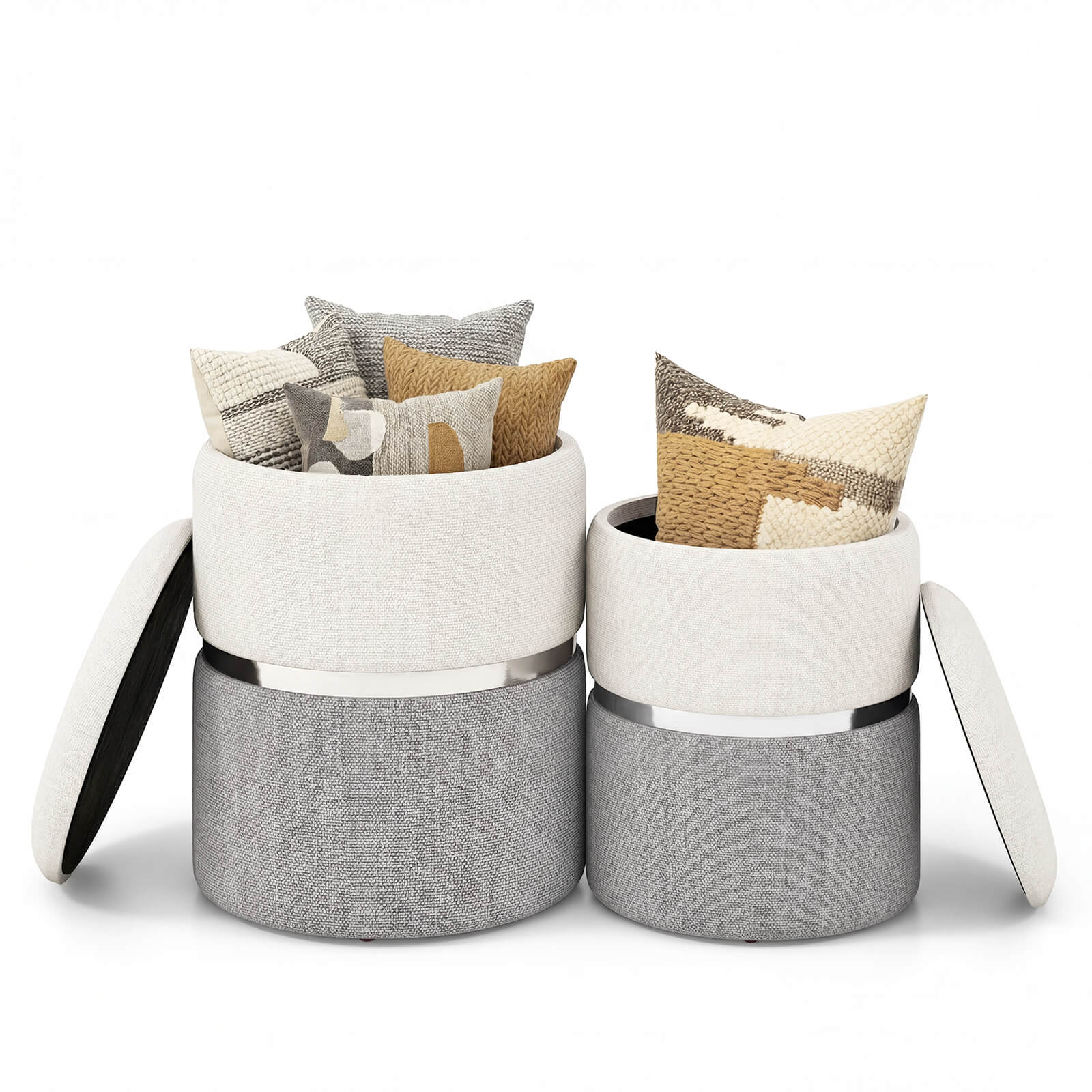 Front. Costway - Costway Linen Fabric Storage Ottoman Set of 2 Modern Round Ottoman with Storage for Bedroom - Beige + Grey.