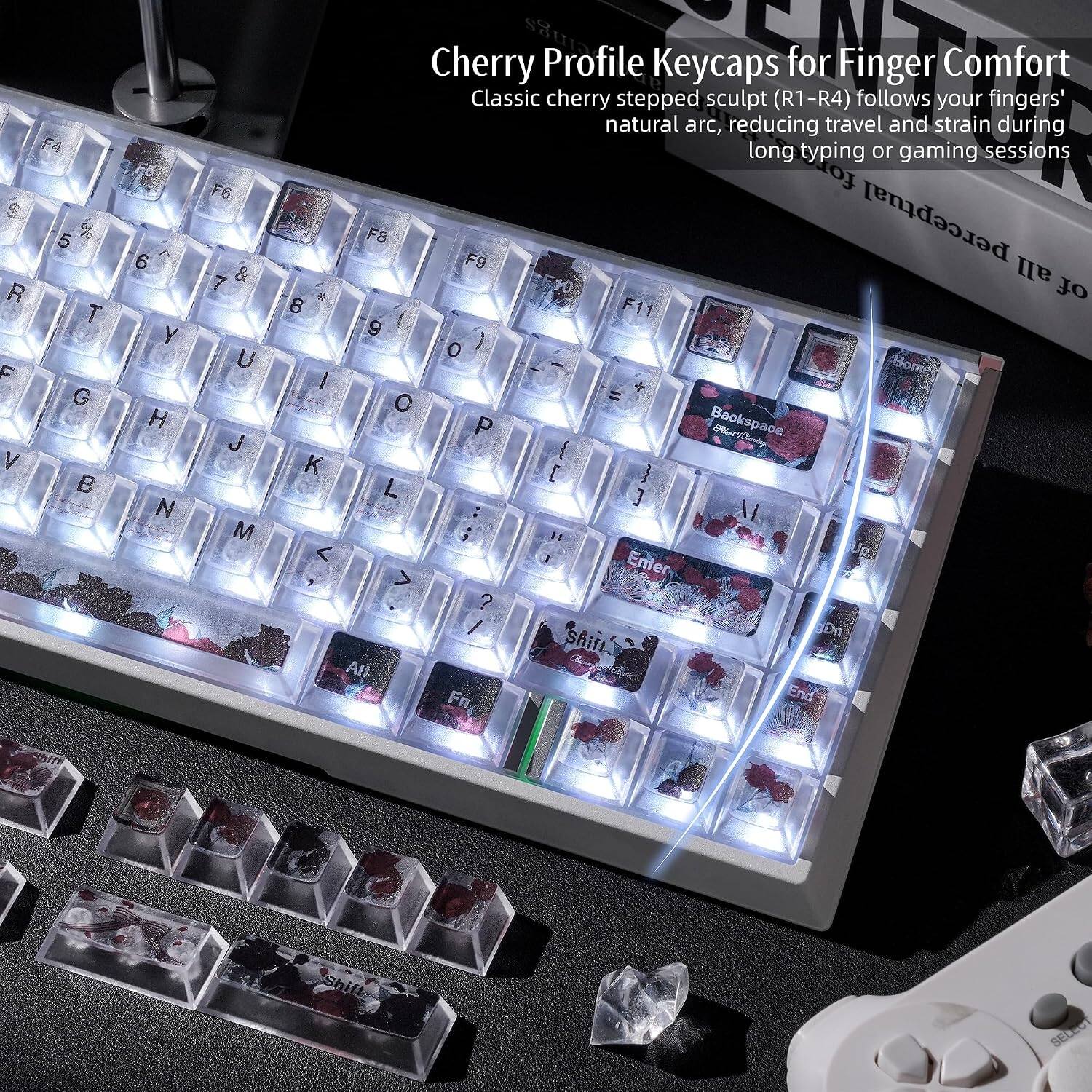 F4 $ % 5 R T F G V B  
6 Y H  
F6 7 & U J M  

Cherry Profile Keycaps for Finger Comfort  
Classic cherry stepped sculpt (R1-R4) follows your fingers' natural arc, reducing travel and strain during long typing or gaming sessions for F8 F9 F10 perceptual, all 8 F11 of 9 O | Home O P Backspace I K [ { L ] : XI H Enter > ? / gDrt shin.  
Alt Fn End  
Shift  
SELECT