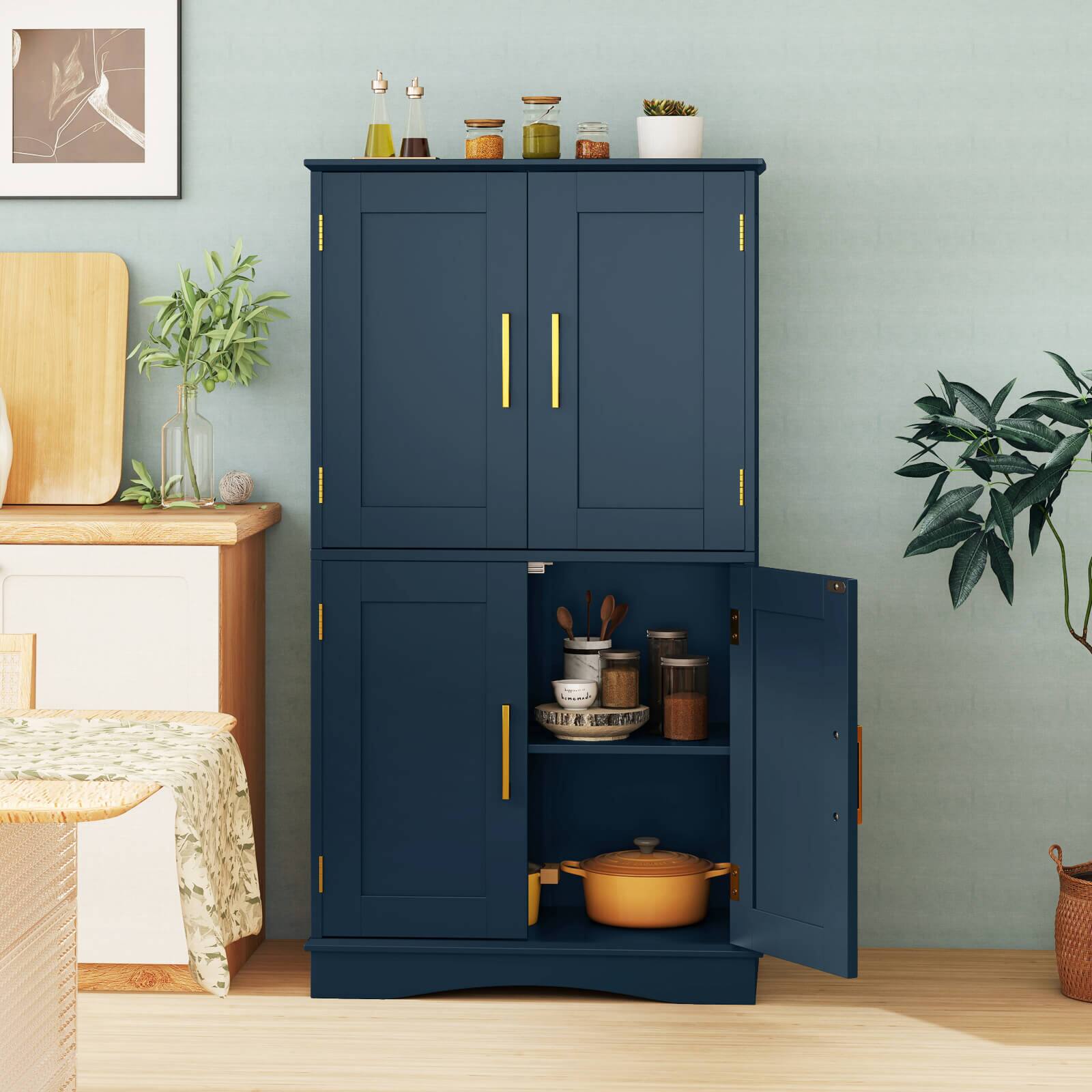 Alt View 5. Costway - Costway Bathroom Floor Storage Cabinet 43.5" Freestanding Pantry Cabinet with 4 Doors - Blue.