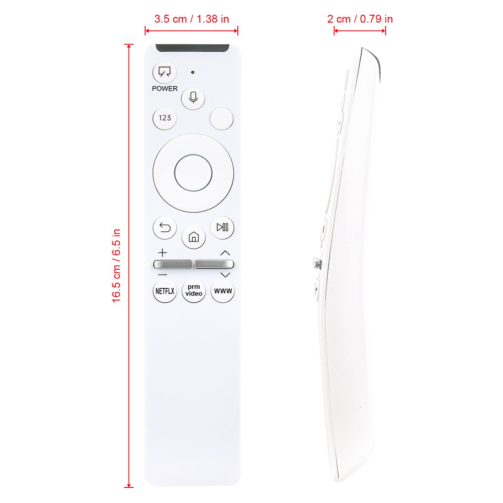 3.5 cm / 1.38 in  
2 cm / 0.79 in  
16.5 cm / 6.5 in  

POWER  
123  
NETFLIX  
prm video  
www  

DIO