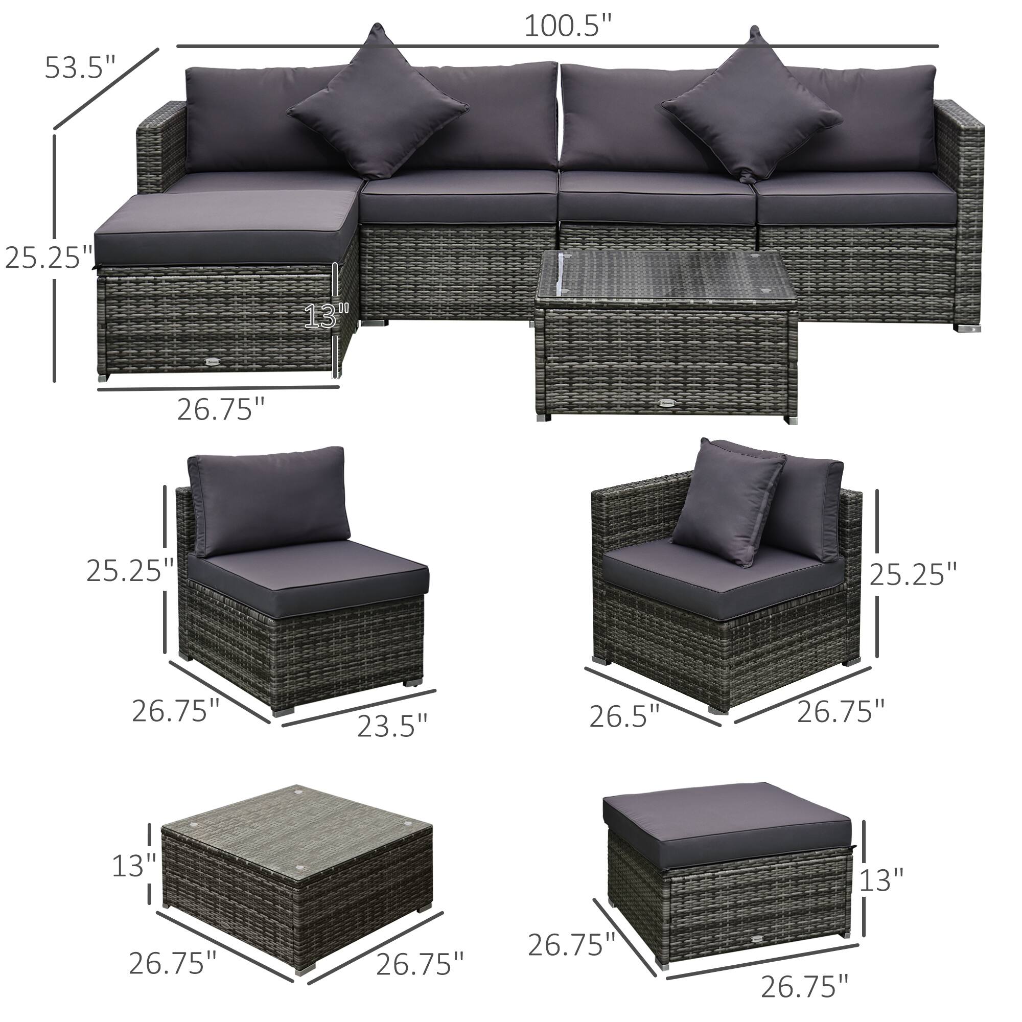 The text can be grouped as follows:

- Sofa: 100.5", 53.5", 25.25", 26.75"
- Armchair: 25.25", 26.75", 23.5"
- Ottoman: 13", 26.75"