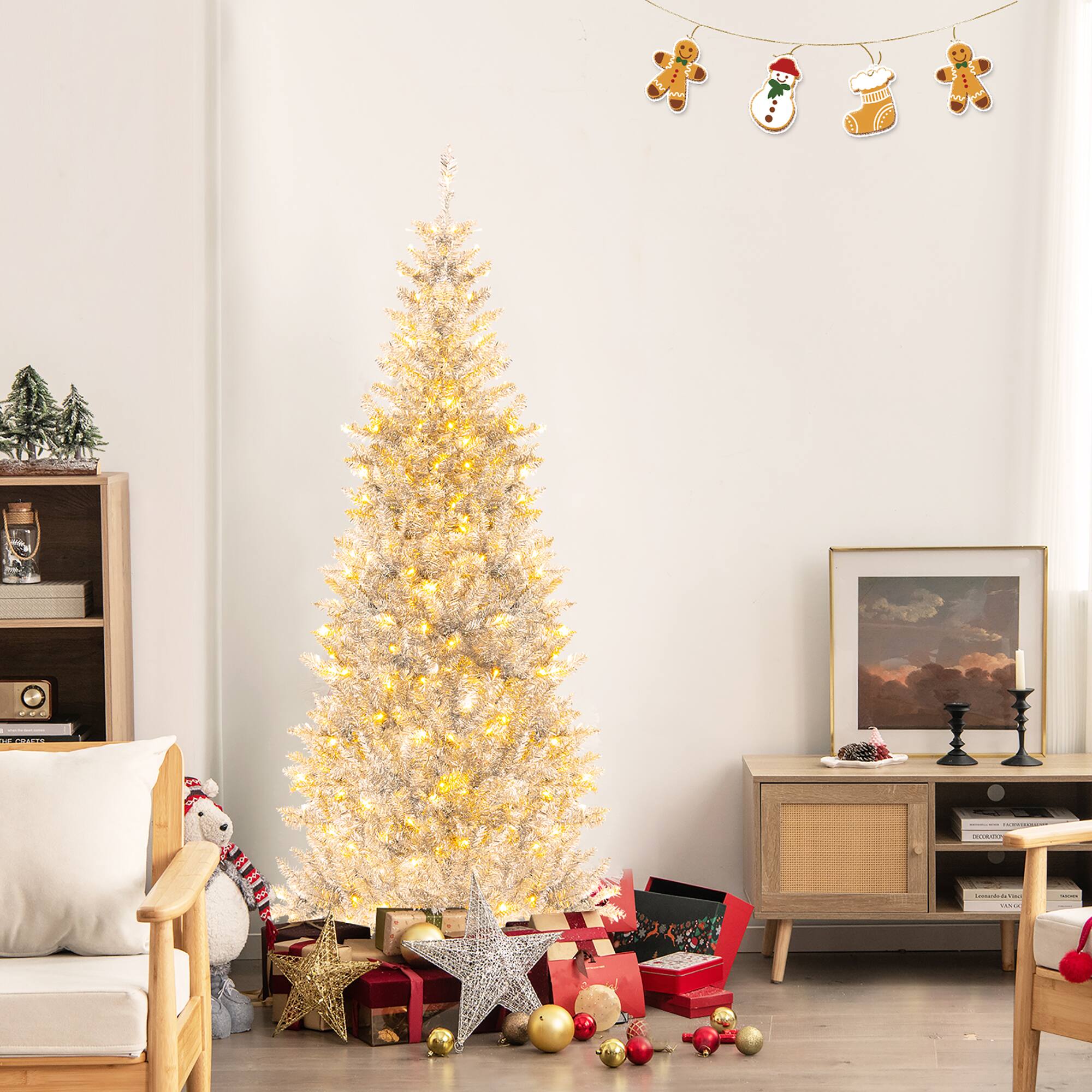 Gymax - 6 FT Pre-lit Artificial Tinsel Christmas Tree Slim Pencil Xmas Tree w/ 790 Branch Tips & 300 LED Lights - Silver