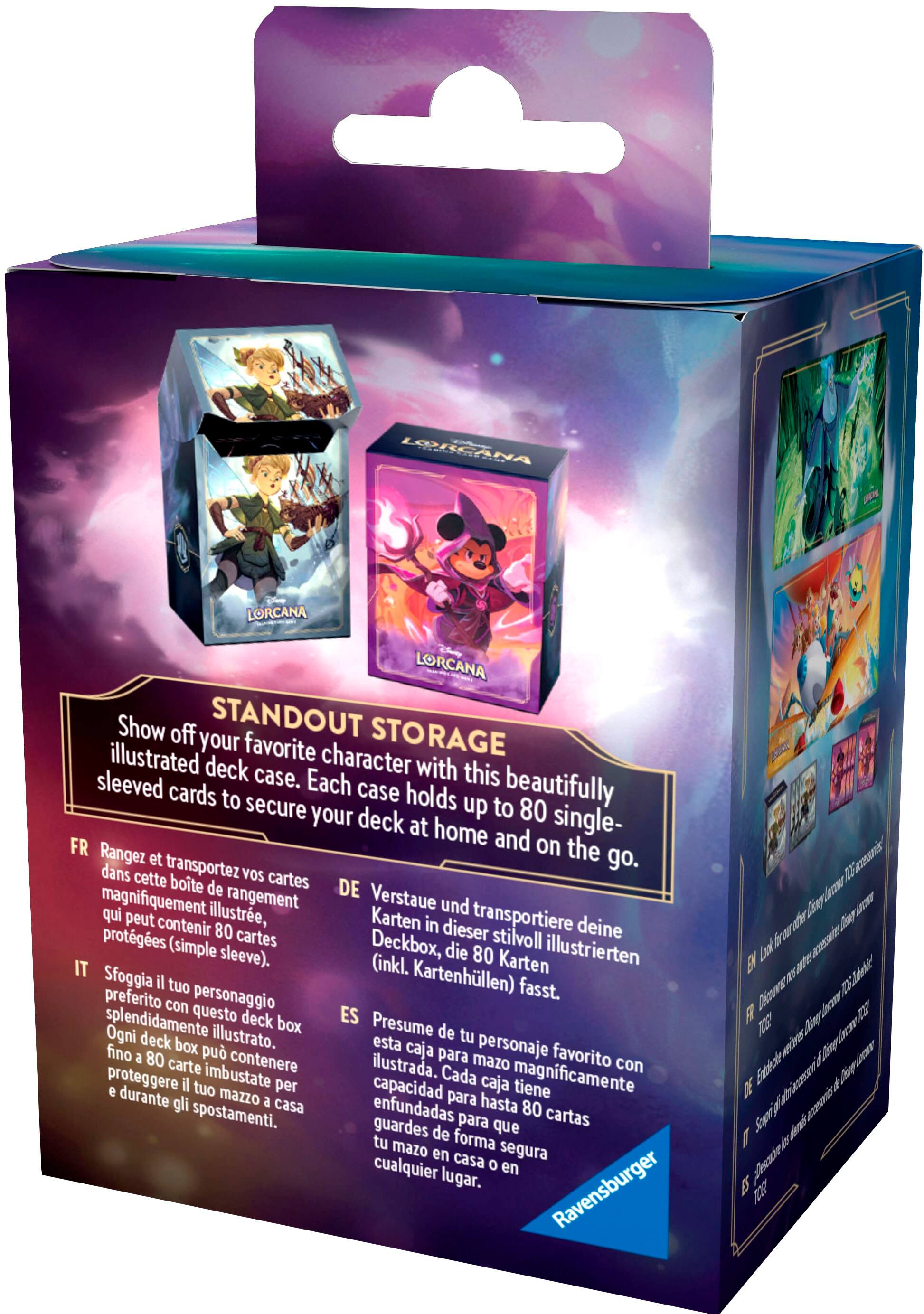 LORCANA - LORCANA Show off your favorite character deck case. This sleeved case holds up to 80 cards securely at home and on the go. Each case is beautifully illustrated, featuring your favorite character. The deckbox can hold up to 80 cards, including card holders. Show off your deck with style and protect it with this stunning storage solution.