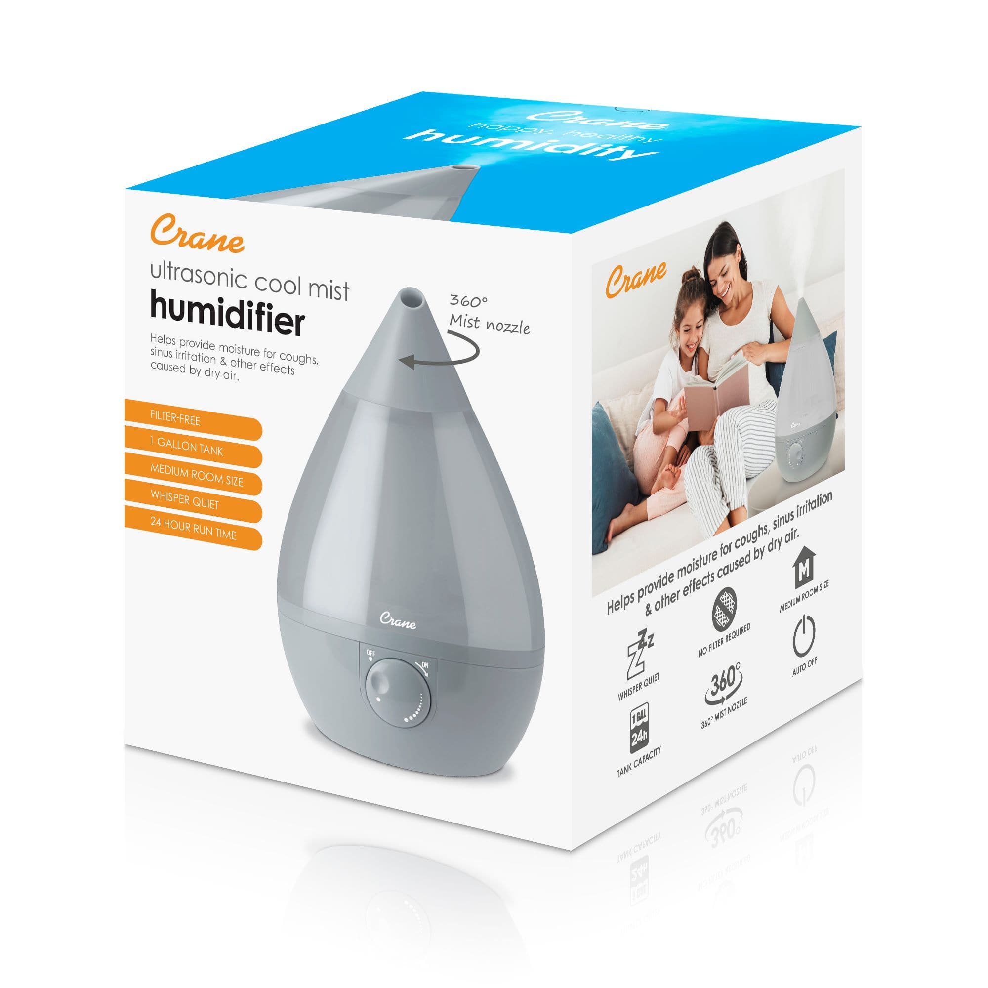 The image features a box containing a Crane ultrasonic cool mist humidifier. The humidifier is designed to provide moisture for sinus irritation and coughs caused by dry air. It has a filter-free design and a gallon tank, making it suitable for medium room size. The humidifier is whisper quiet and has a 24-hour run time. The box also includes a mist nozzle, which can be used to enhance the cool mist humidification effect.