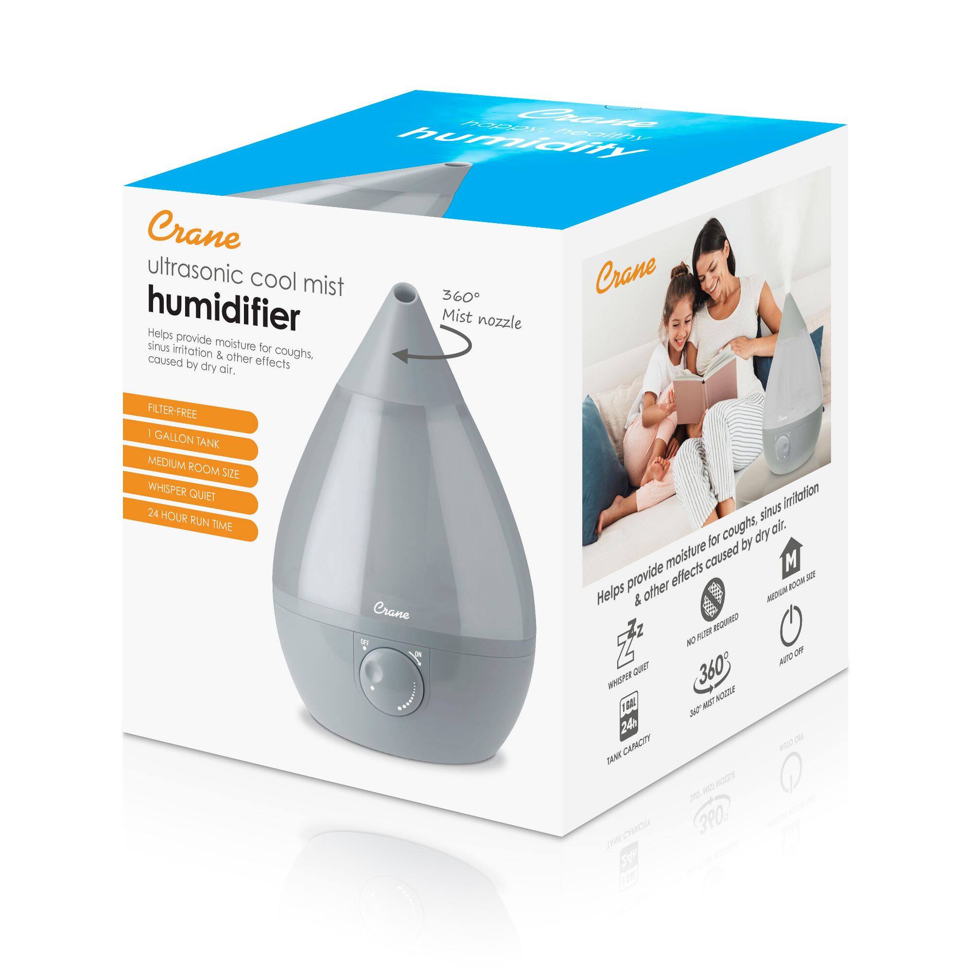 The image features a box containing a Crane ultrasonic cool mist humidifier. The humidifier is designed to provide moisture for sinus irritation and coughs caused by dry air. It has a filter-free design and a gallon tank, making it suitable for medium room size. The humidifier is whisper quiet and has a 24-hour run time. The box also includes a mist nozzle, which can be used to enhance the cool mist humidification effect.
