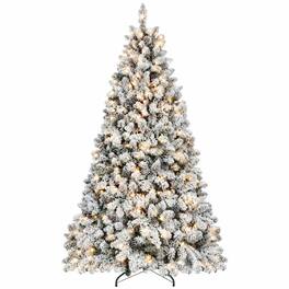 RYHNUYNE - 9 Ft Flocked Snowy Artificial Christmas Tree With 850 Warm Lights, 63 Pine Cones 2240 Tips Metal Stand Decor - Green,White