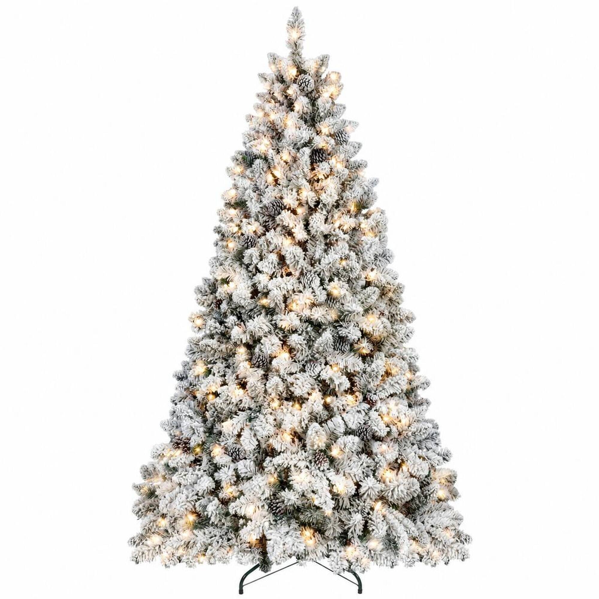 Front. RYHNUYNE - 9 Ft Flocked Snowy Artificial Christmas Tree With 850 Warm Lights, 63 Pine Cones 2240 Tips Metal Stand Decor - Green,White.