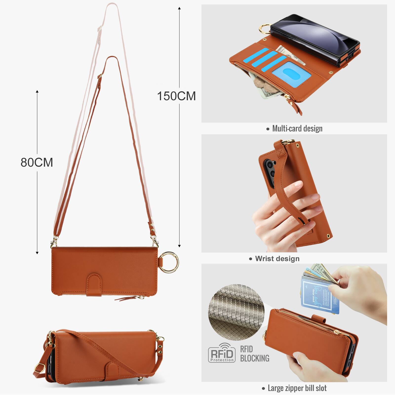 150CM  
Multi-card design  
80CM  
Wrist design  
RFID BLOCKING Protection  
Large zipper bill slot