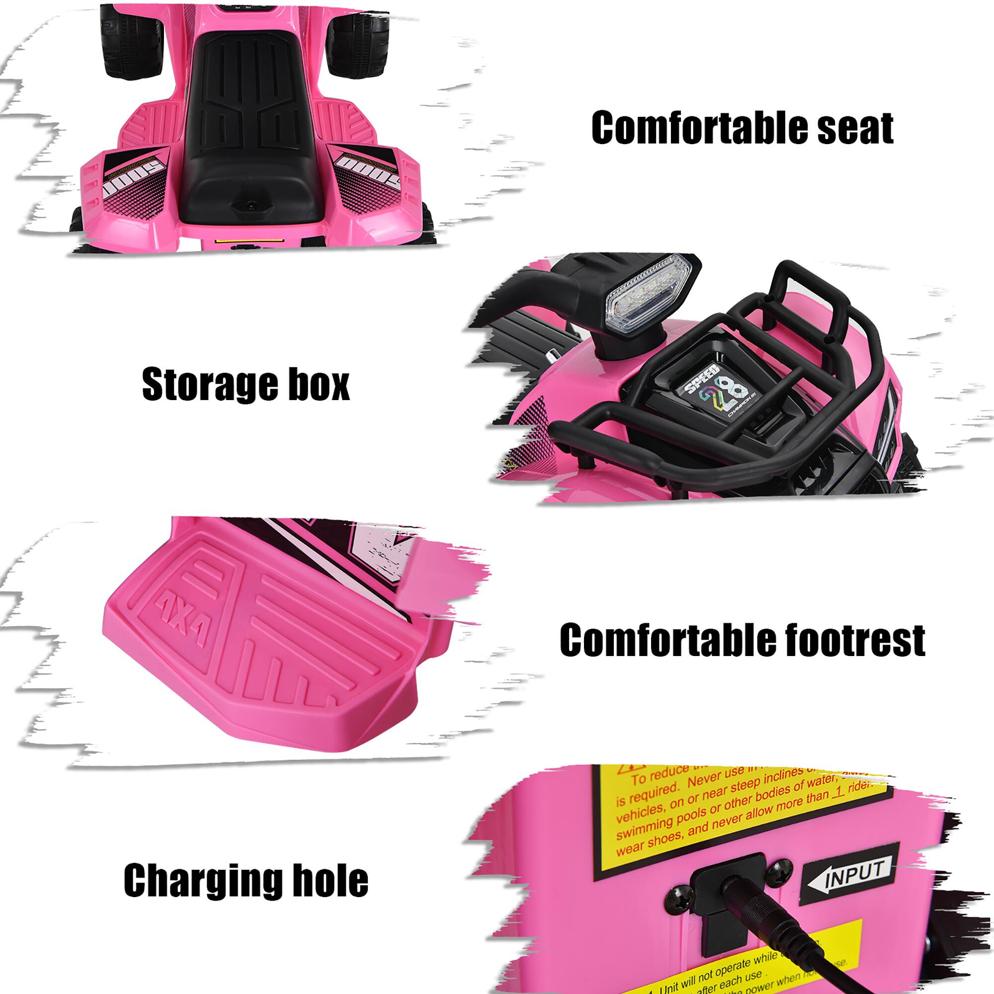 - Comfortable seat
- Storage box
- Comfortable footrest
- Charging hole

To reduce use inclines, never steep of water, ridei required. or near bodies of water, or allow pools never swimming and wear shoes, INPUT while nor operate LOA - w euch when I JO eder nower put
