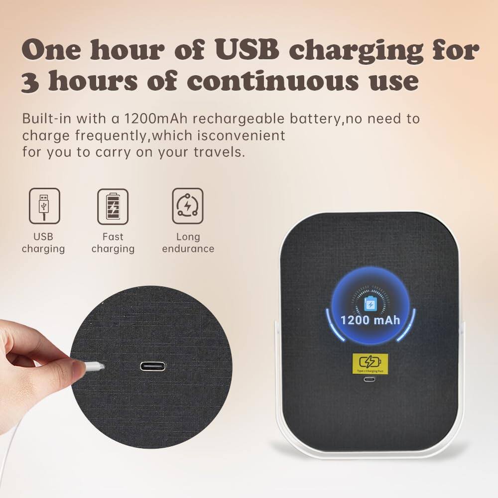 One hour of USB charging for 3 hours of continuous use

Built-in with a 1200mAh rechargeable battery, no need to charge frequently, which is convenient for you to carry on your travels.

USB charging
Fast charging
Long endurance

1200 mAh
