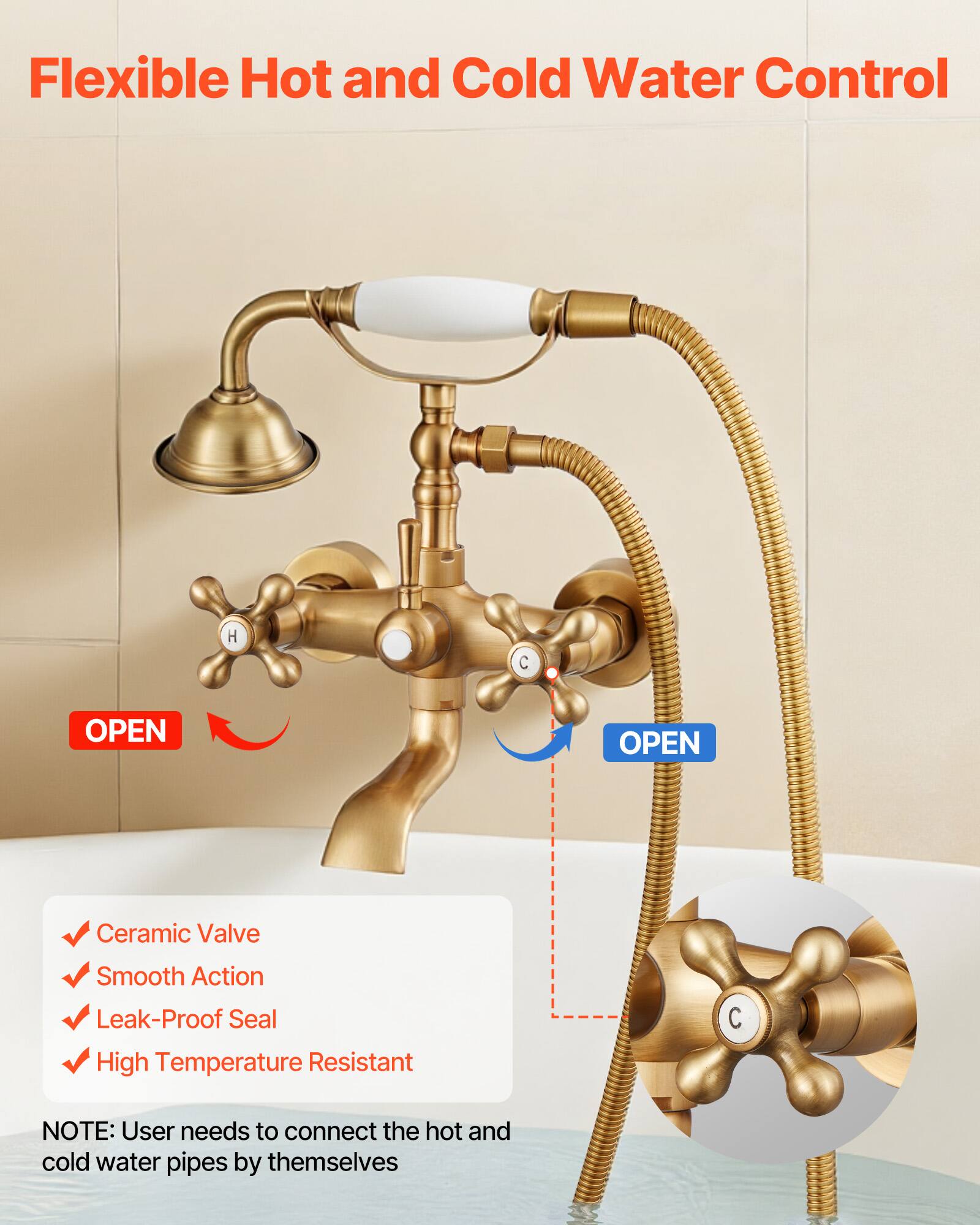 Flexible Hot and Cold Water Control

- Ceramic Valve
- Smooth Action
- Leak-Proof Seal
- High Temperature Resistant

NOTE: User needs to connect the hot and cold water pipes by themselves