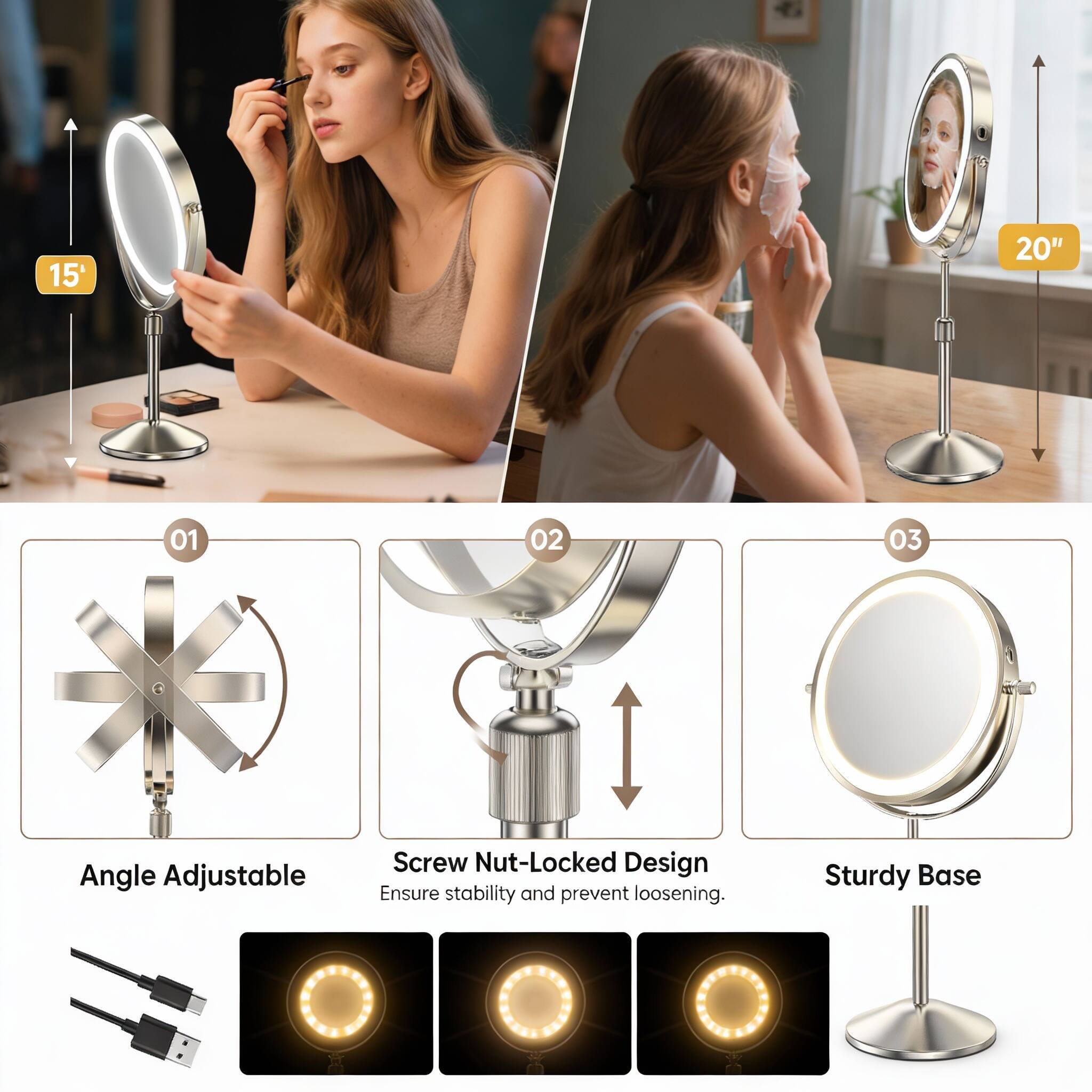 15" 20" 01 02 03 Angle Adjustable Screw Nut-Locked Design Ensure stability and prevent loosening. Sturdy Base