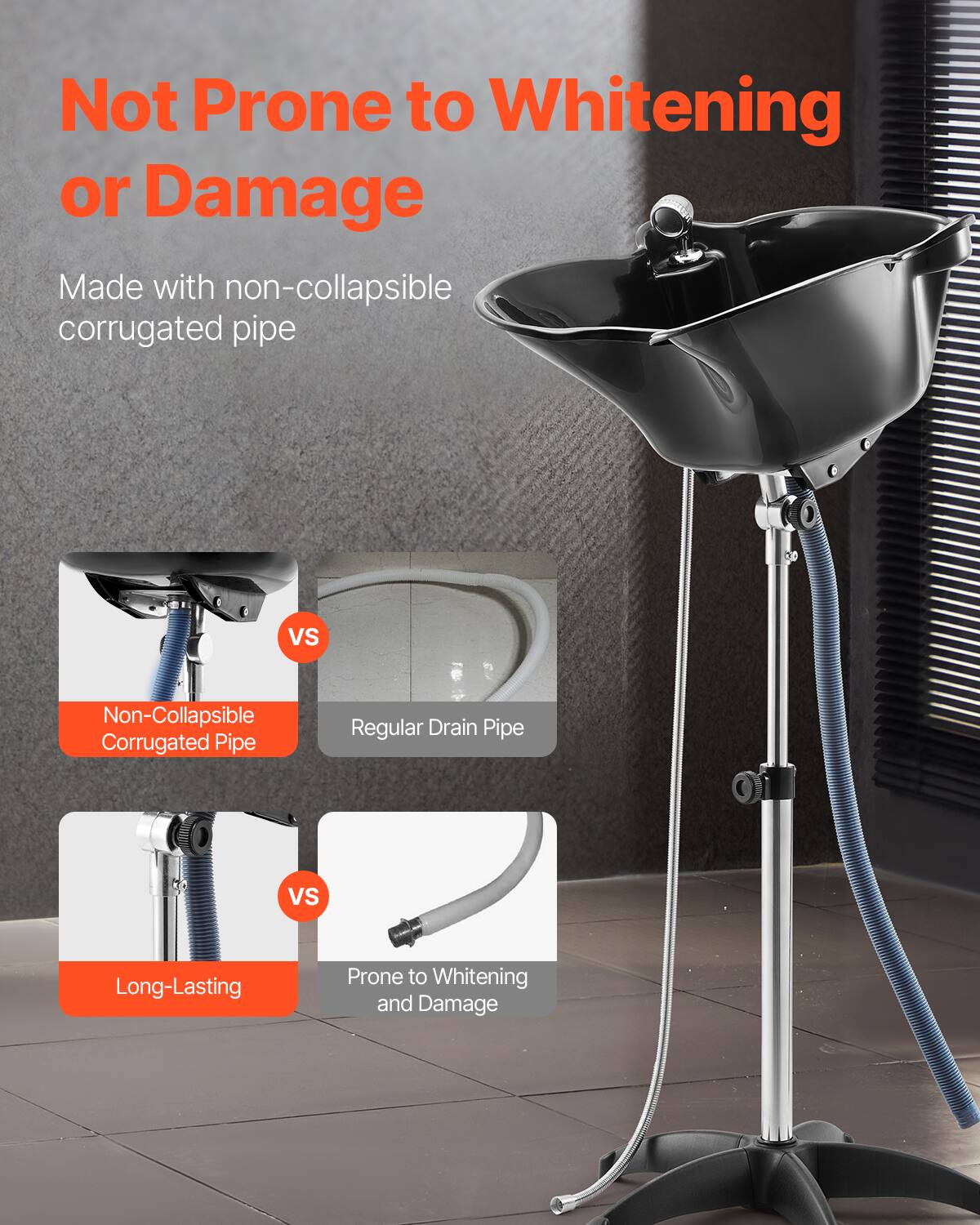 Not Prone to Whitening or Damage  
Made with non-collapsible corrugated pipe  

Non-Collapsible Corrugated Pipe  
VS  
Regular Drain Pipe  

Long-Lasting  
VS  
Prone to Whitening and Damage