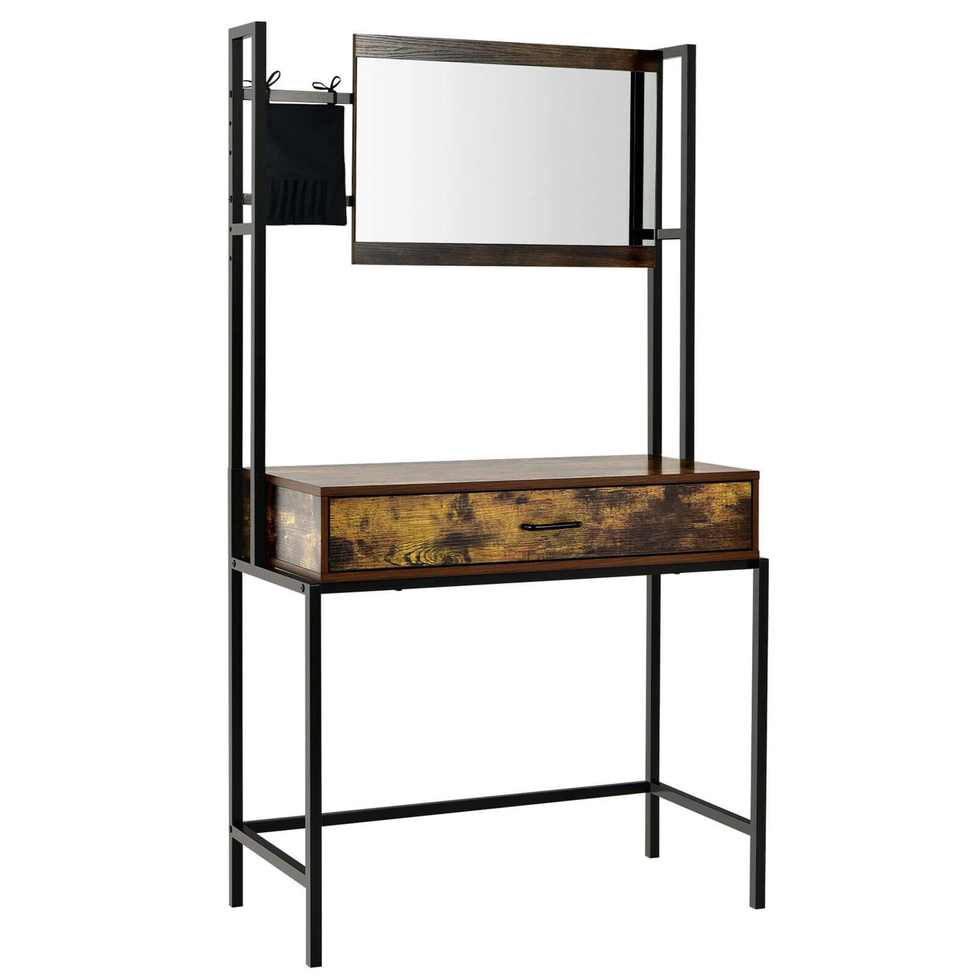 Costway - Industrial Vanity Table with 3-Height Adjustable Mirror Storage Bag Large Drawer - Rustic Brown,Black