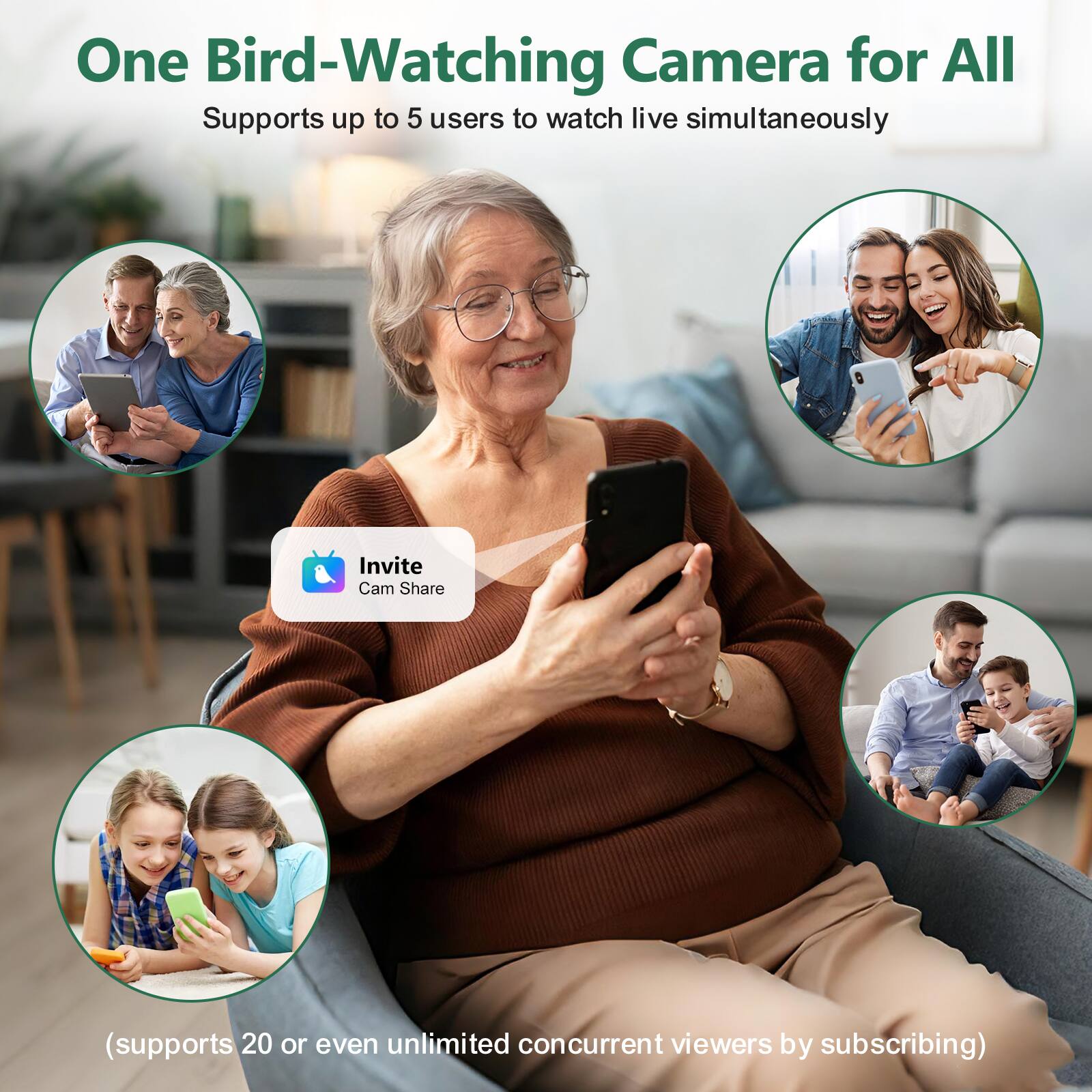One Bird-Watching Camera for All  
Supports up to 5 users to watch live simultaneously  

Invite Cam Share (supports 20 or even unlimited concurrent viewers by subscribing)