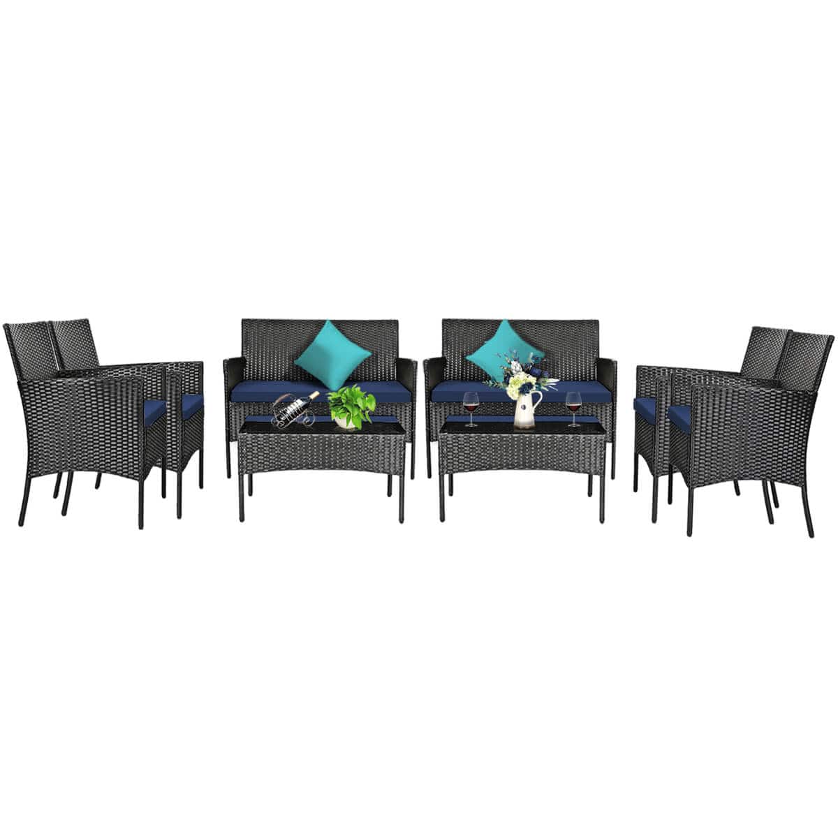 Front. Costway - 8 PCS Patio Rattan Furniture Set Cushioned Sofa Coffee Table Backyard Porch - Navy + Black.