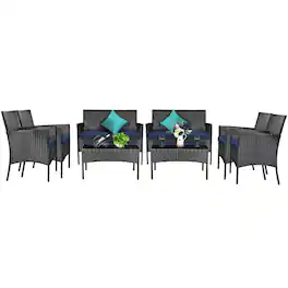 Costway - 8 PCS Patio Rattan Furniture Set Cushioned Sofa Coffee Table Backyard Porch - Navy + Black