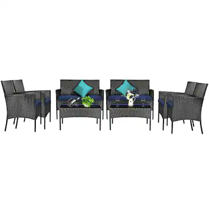 Front. Costway - 8 PCS Patio Rattan Furniture Set Cushioned Sofa Coffee Table Backyard Porch - Navy + Black.