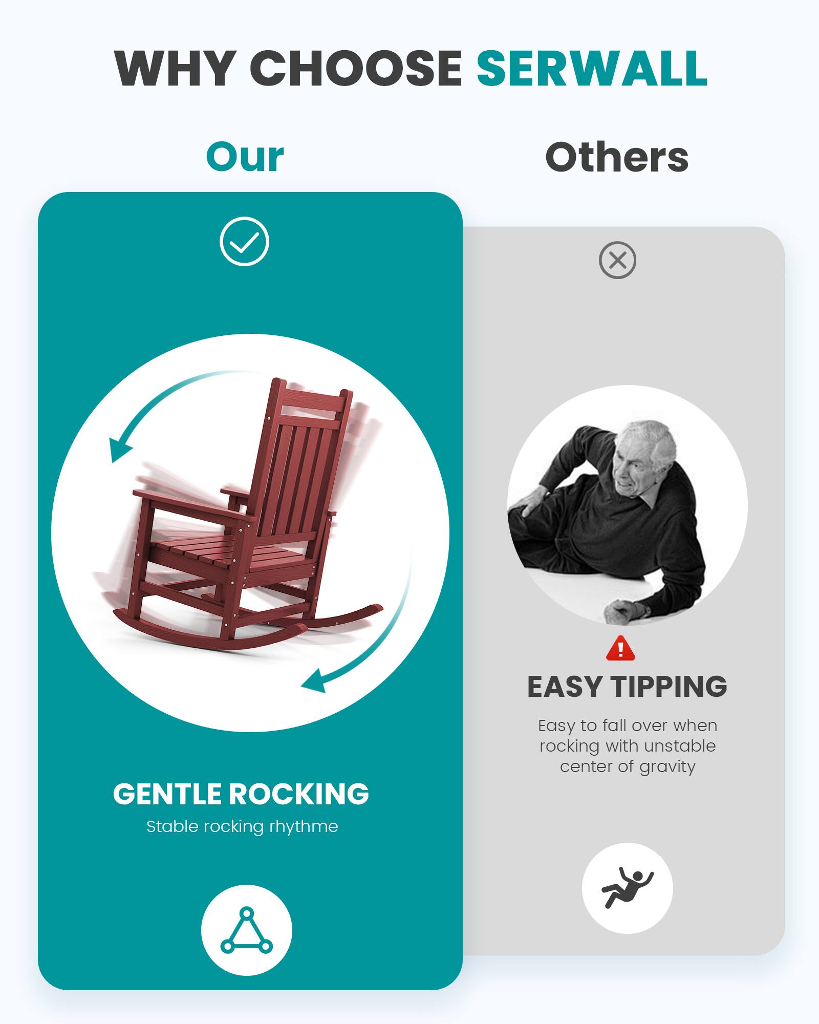WHY CHOOSE SERWALL

Our
GENTLE ROCKING
Stable rocking rhythm

Others
EASY TIPPING
Easy to fall over when rocking with unstable center of gravity
