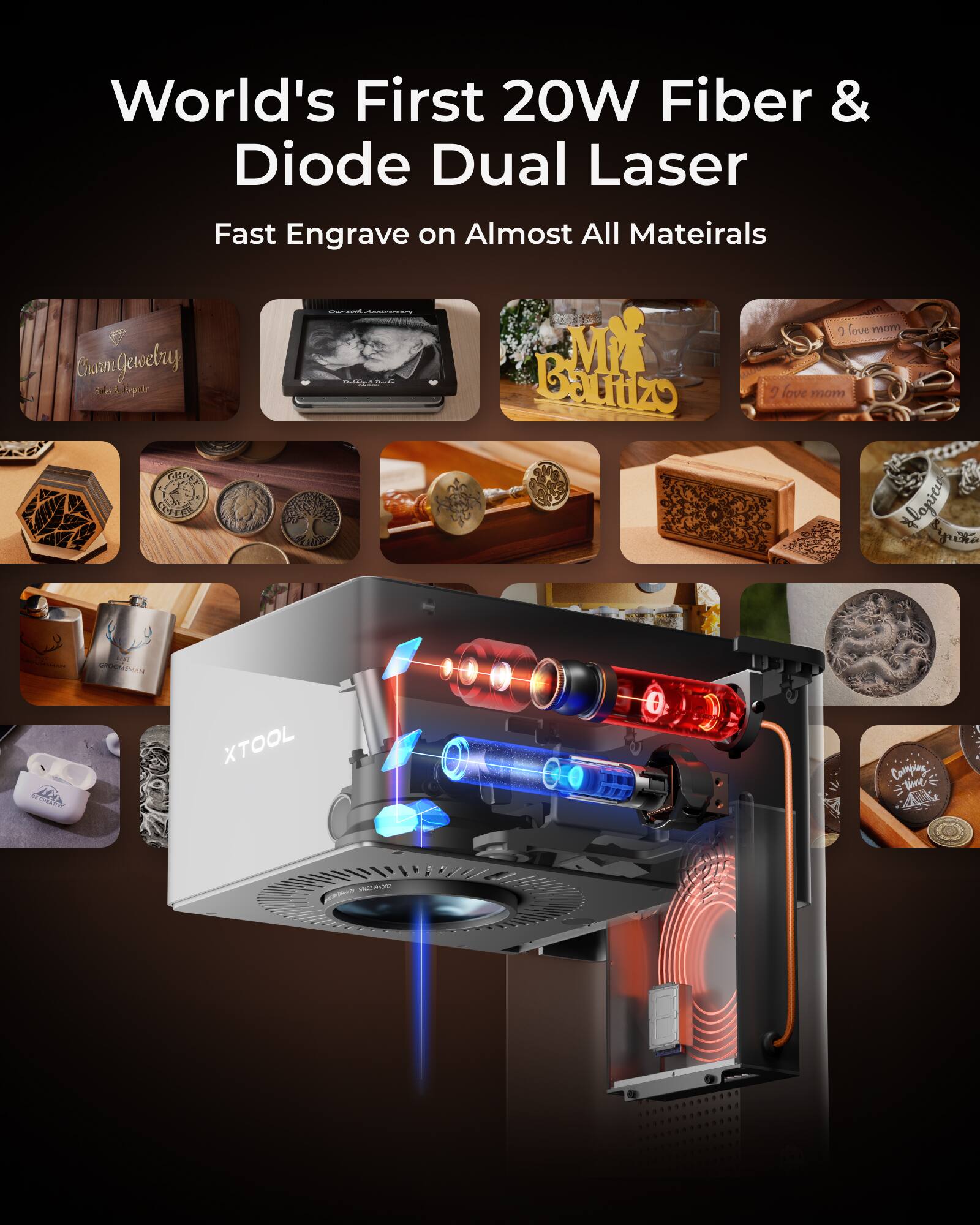 World's First 20W Fiber & Diode Dual Laser  
Fast Engrave on Almost All Materials  

Charm Jewelry  
Sapir CsCo LCEER FrO  

1 ada  
M Bourizo  
love mom  

2 love  
9307 lopiei gut  

CON areddias  
XTOOL Company